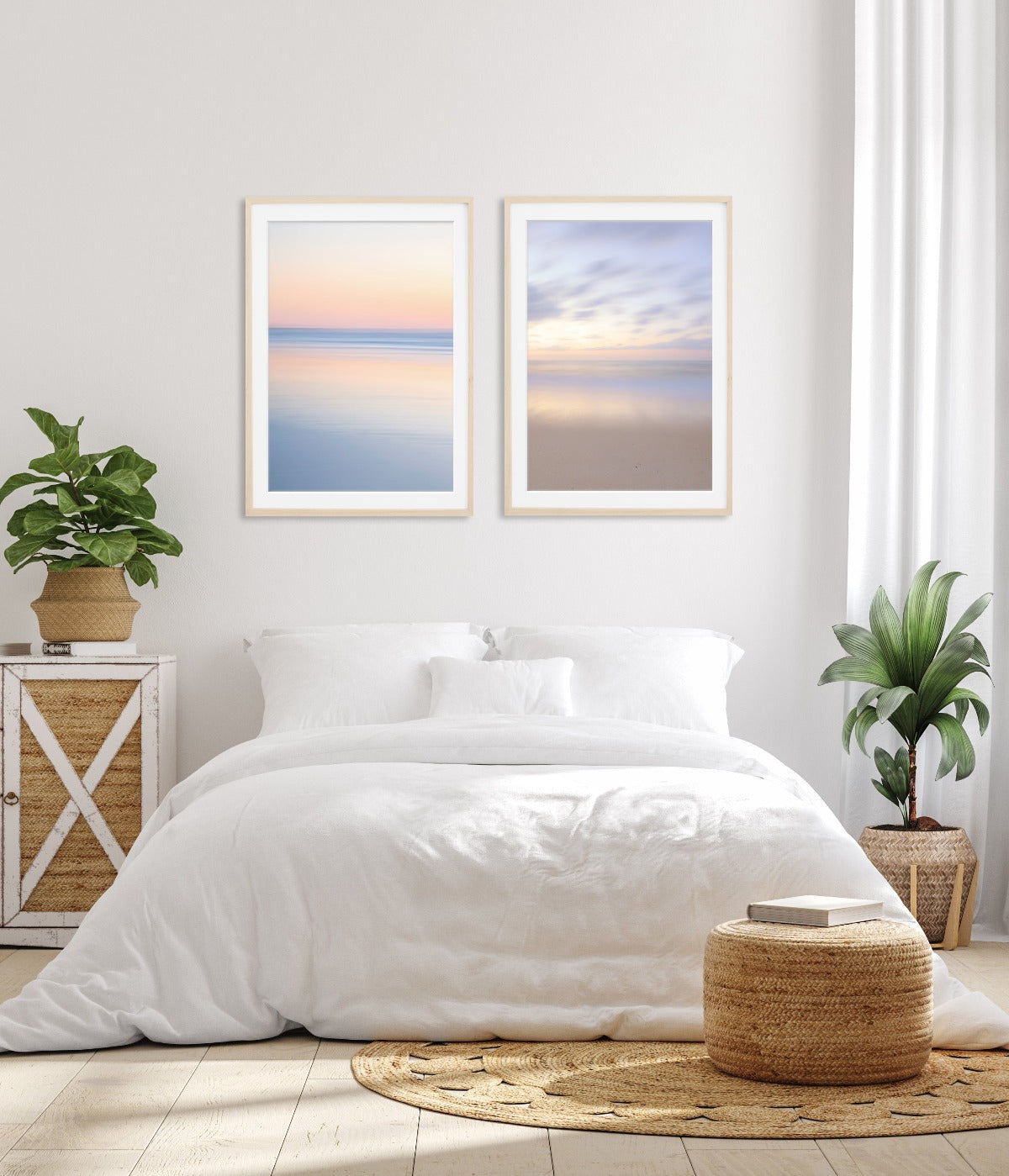 bright white bedroom decor, set of 2 abstract minimal beach prints