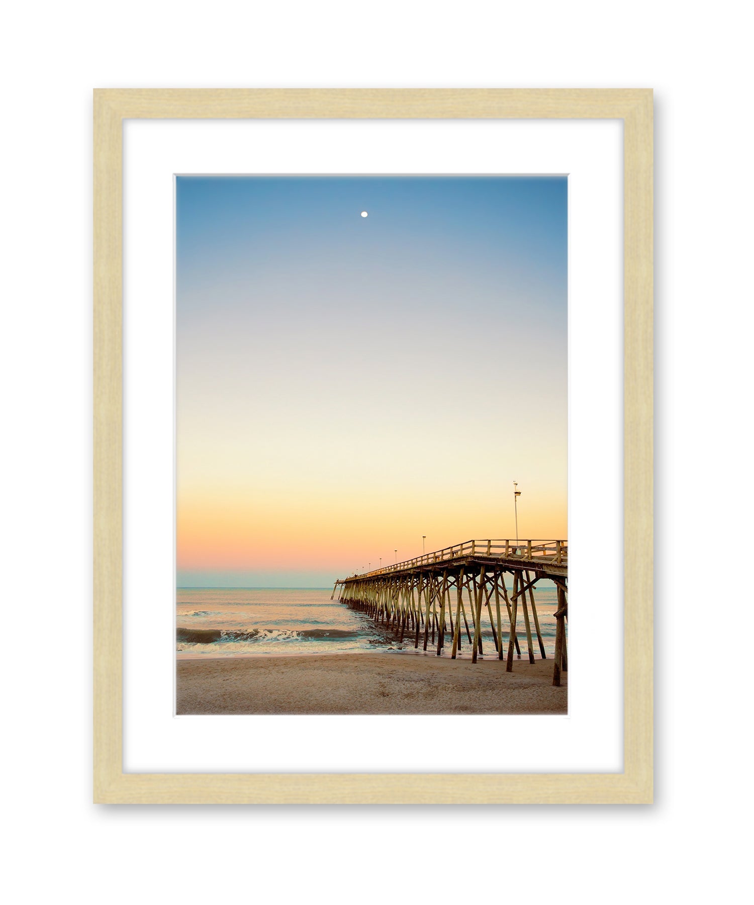 Kure Beach Pier, Warm Beach Sunset, Wright and Roam, Light Wood Frame