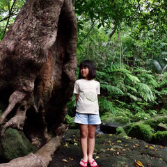 西表島の森の中、大きな木の前でセマルハゴメの図鑑Tシャツを着た女の子