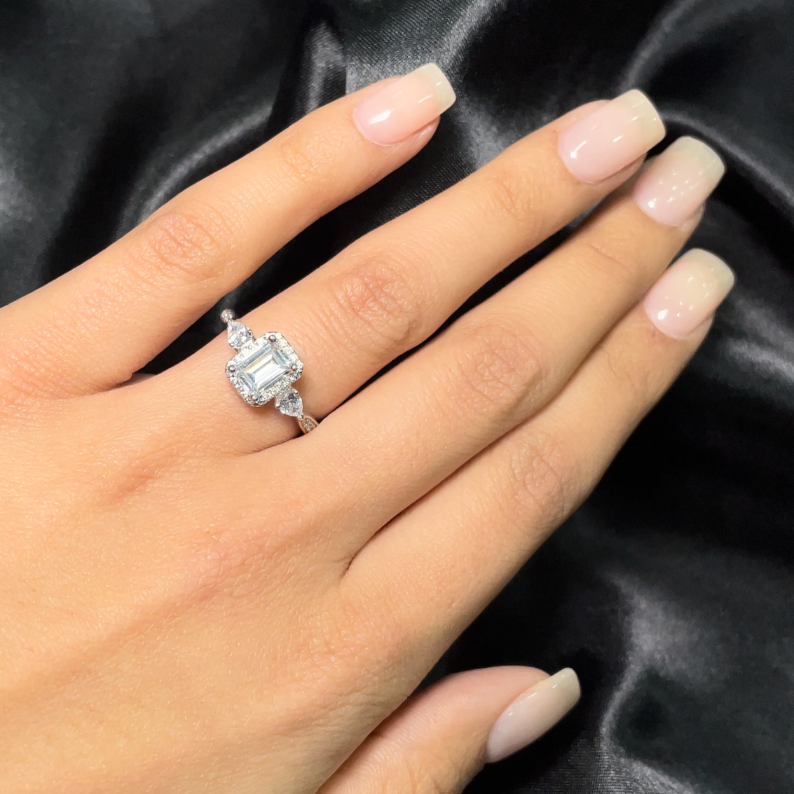 3.5ct Emerald Cut Diamond Classic Trilogy Engagement Ring 18K White Go –  HeartsAndYou