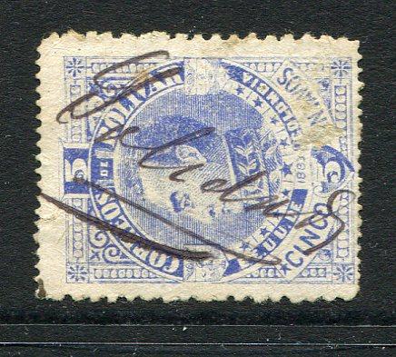 COLOMBIAN STATES - BOLIVAR - 1883 - CANCELLATION: 5c ultramarine dated '1883', perf 16 x 12 used with SOLEDAD manuscript cancel. Thinned. (SG 37B)  (COL/16907)