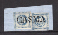 PERU - 1860 - CLASSIC ISSUES & CANCELLATION: 1d blue 'Arms' issue with zigzag lines showing RETOUCHED TYPE ('O' & 'CO' of PORTE-FRANCO redrawn in larger lettering and line of shading missing along 'EOS' of CORREOS), two copies tied on small piece cancelled with superb strike of straight line 'CASMA' cancel in black, variable margins. Fine & Rare. Ex Caceres. (SG 12)  (PER/35969)