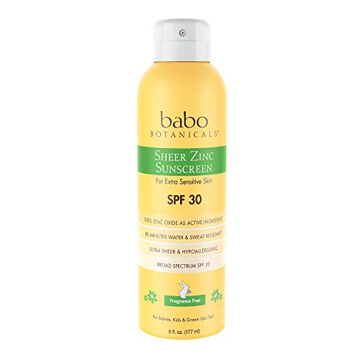 Babo Botanicals Sheer Zinc Continuous Spray Sunscreen SPF 30 with 100% Mineral Active, Non-Nano, Water-Resistant, Reef-Friendly, Fragrance-Free, Vegan, for Babies, Kids or Sensitive Skin - 6 oz.