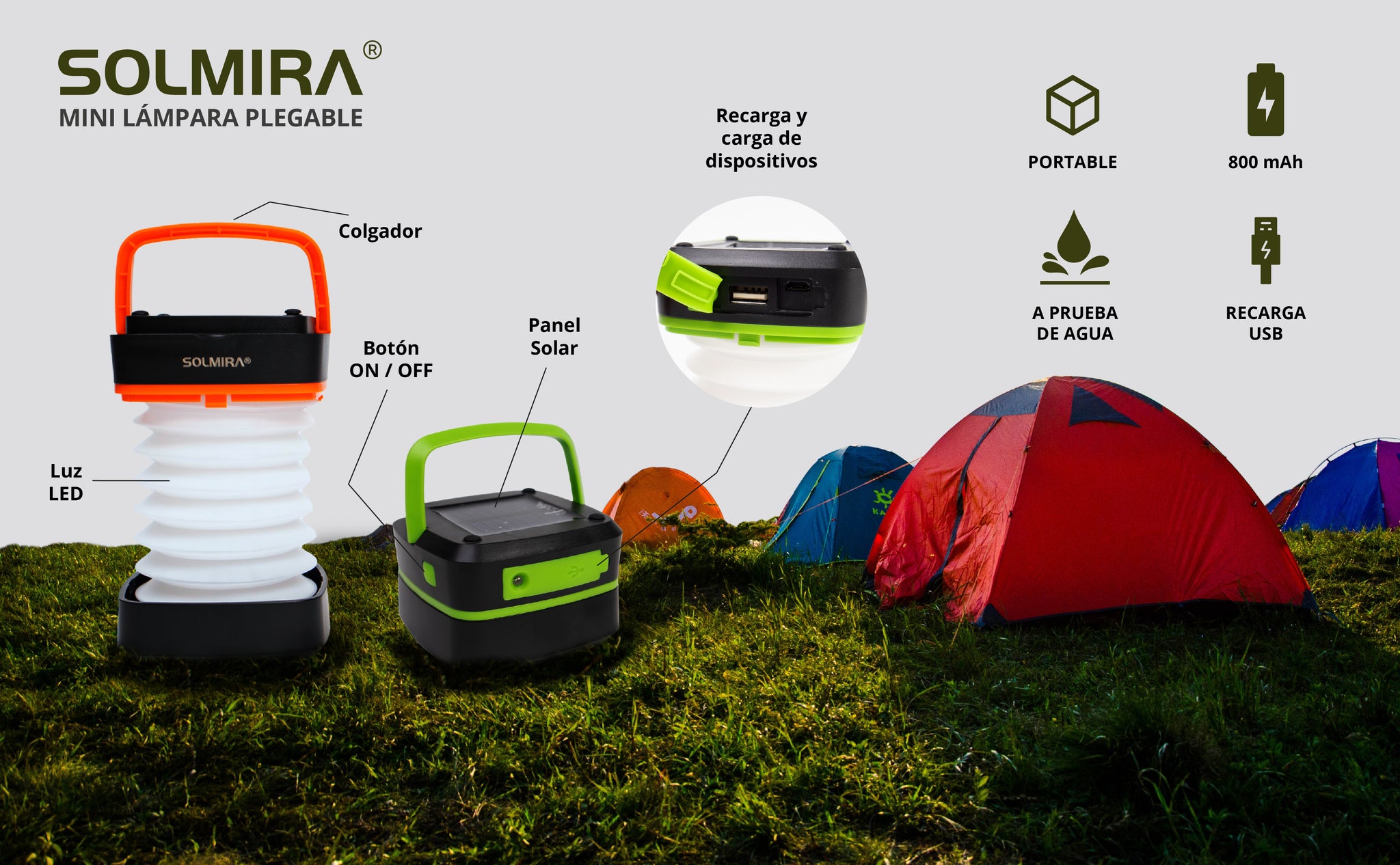 Farol de Camping Recargable 3 Modos con Luz Led y Carga USB