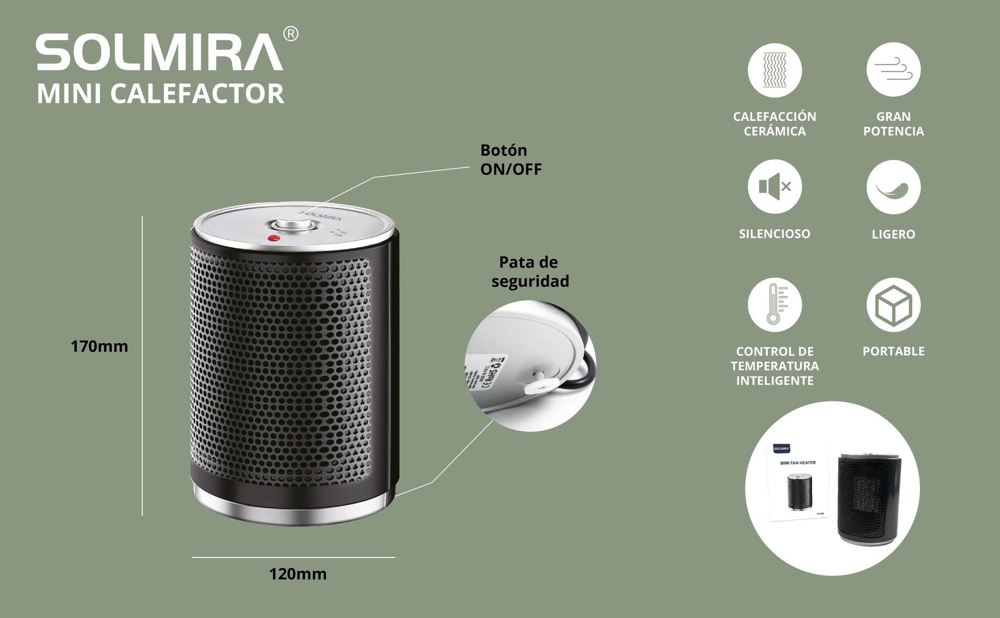 SOLMIRA® Calefactor Cerámico, Bajo Consumo, Certificado CE y RoHS