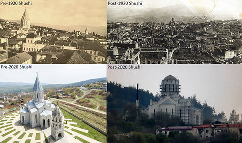 Ghazanchetsots Cathedral, built in the 19th century and an important building for the Armenian Aposotlic Church, after it was struck twice in the afternoon on October 8. Damage to the roof south of the main dome can be seen as well as debris on the church grounds