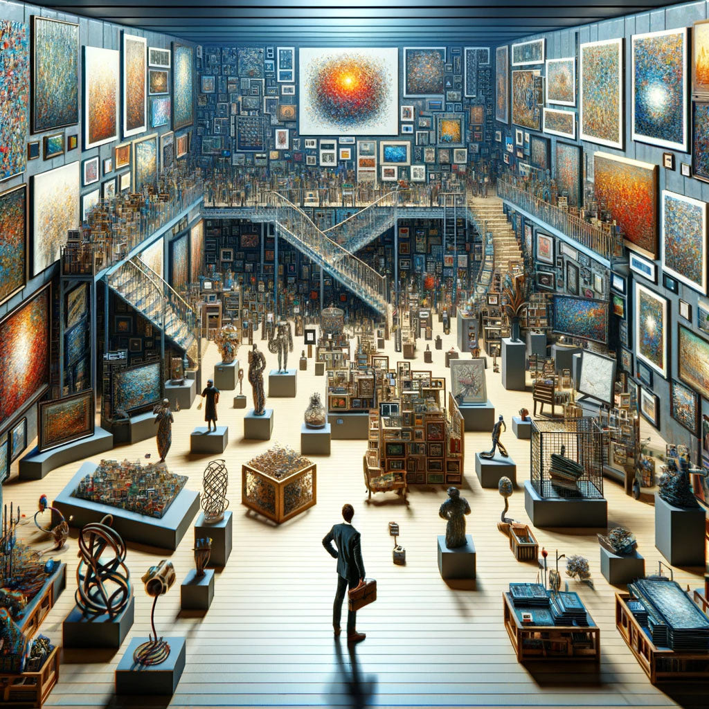 This image depicts a collector in a large, elegant art gallery surrounded by an overwhelming abundance of diverse artworks, symbolizing the vast choices and the contemplative decision-making process in the art world.