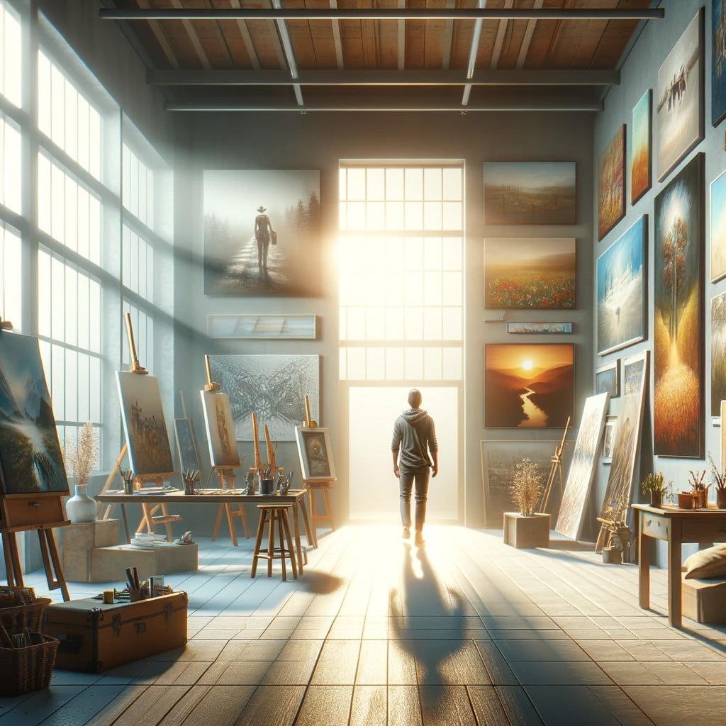 This image shows a hopeful artist in a bright, modern art studio, surrounded by their diverse artworks. The natural light and the artist's contemplative expression convey a sense of optimism, accomplishment, and the potential for future success in the art world.