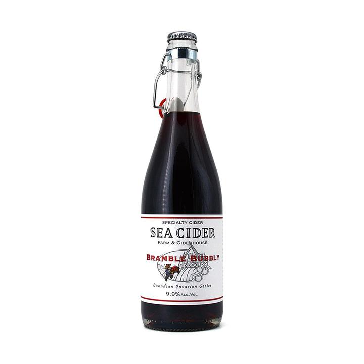 Sea Cider's Bramble Bubbly has the deep purple colour of local berries in the iconic Sea Cider bottle