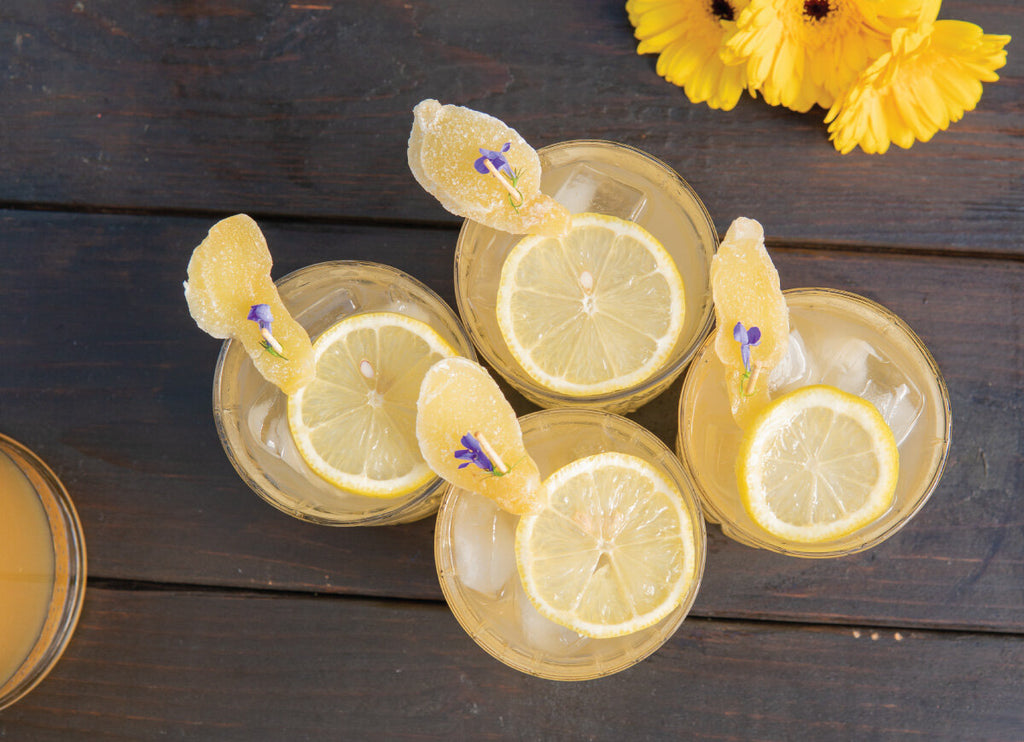 Overhead shot of four Bourbon Ginger Lemonades