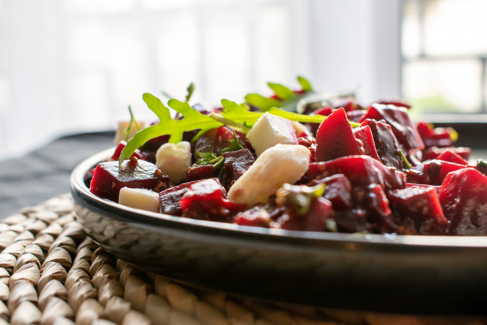 Roasted beet and goat cheese salad with arugula