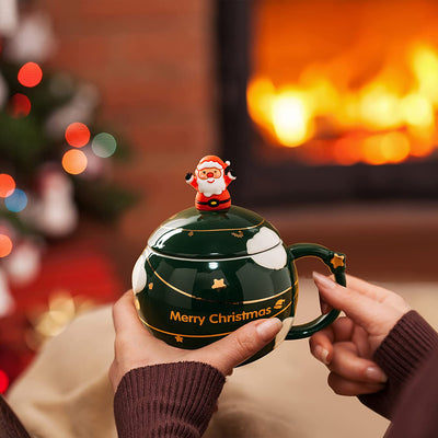 Christmas Coffee Mug Santa Red Lid with Spoon - Green Globe Mug by GUTE - Holiday Seasonal Gift, 12 oz Winter Season Cup, Cute Merry Santa, Reindeer, Snowman, Ugly Christmas Sweater