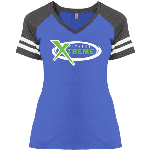 Don's Clothing Company Heather Royal/Heathered Charcoal / S CustomCat T-Shirts Women's | Fitness Xtreme | Short Sleeve | Game V-Neck T-Shirt
