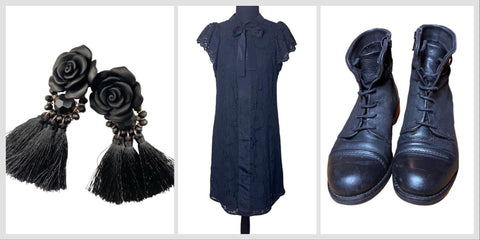 black rose tassel earrings, nanette lepore lace dress, clarks black combat boots