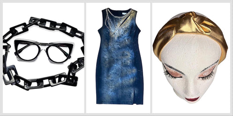 non [rescription glasses with matching plastic chain, reworked handpainted CK dress with chains, gold lame headband
