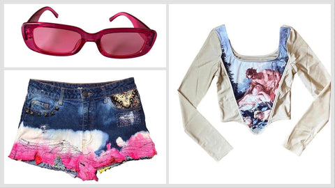 pink sunglasses, corset crop top, refashioned dip dyed jean shorts cutoffs