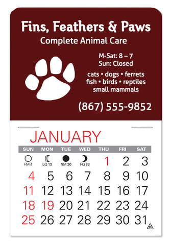 Small adhesive promotional calendar for animal hospital