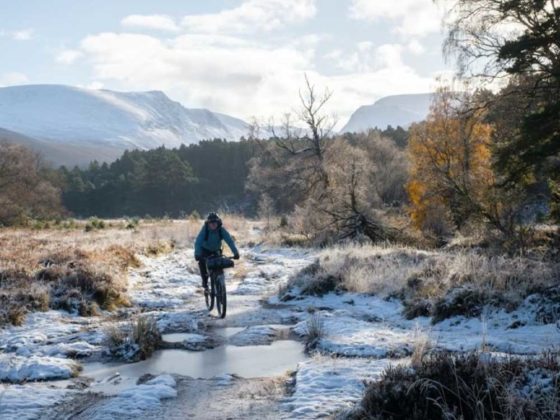 Ross O’Reilly bikepacking on icy Cairngorm trails