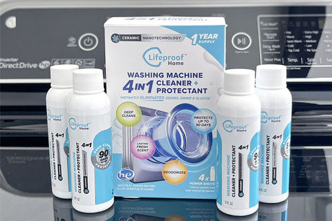 A package of Lifeproof Home 4-in-1 Washing Machine Cleaner & Protectant onto of a washing machine