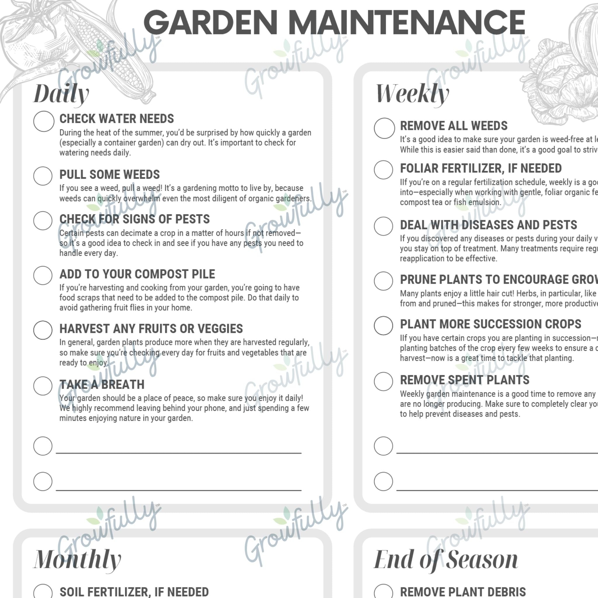 Garden Maintenance Checklist—Daily, Weekly, Monthly, Seasonal One Shee