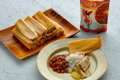 Tamales alongside FILLO'S Sofrito Beans and rice.