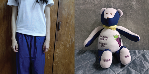 Left image: wearing my wake clothing (white t-shirt, dark blue pants); Right image: bereavement bear made from the very same clothes.