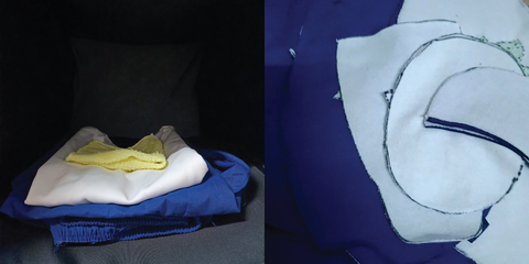 Left image: wake clothing stored in my closet; Right image: clothes cut up into pieces, ready to be put together into a bear.