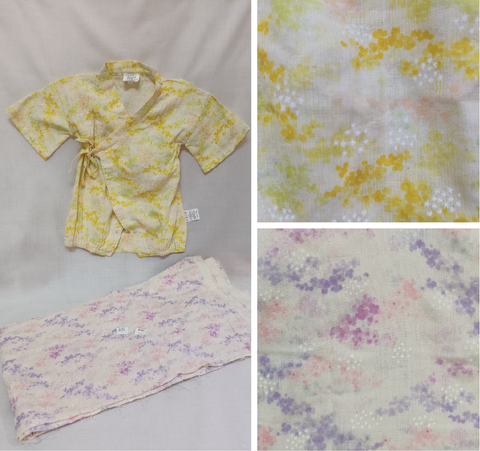 Materials provided by mimi mono: 1 yellow baby kimono and 1 piece of pink patterned fabric.