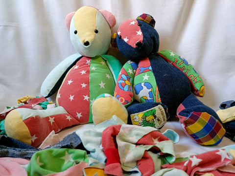 My very own memory bears, made out of just 2 pieces of clothes from when I was 3 and 7 years old, with some scraps remaining from my memory blanket!