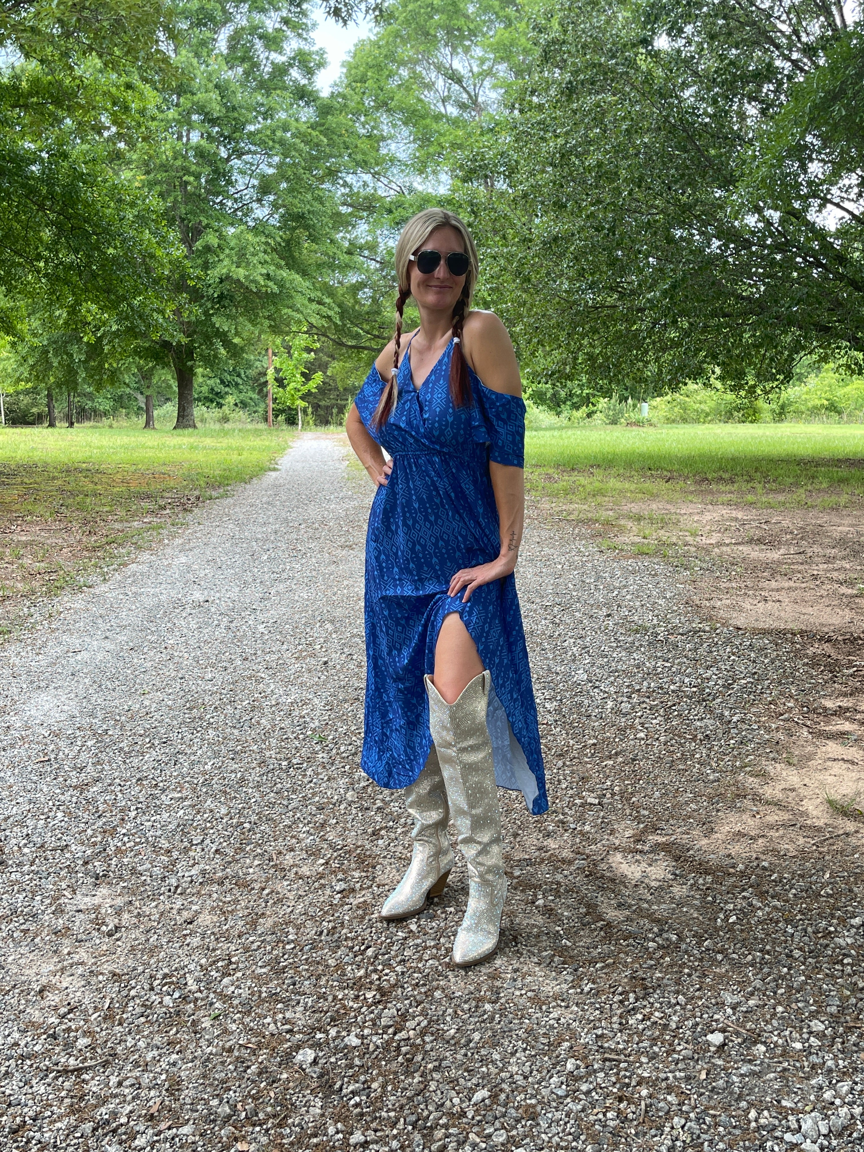 Blue Aztec Print Cold Shoulder Maxi