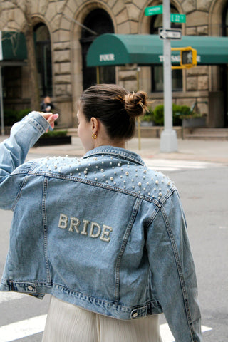 Personalized blue pearl denim jacket for Brides