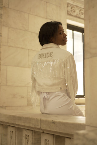 White Denim Jacket with Sequin Fringe for Brides
