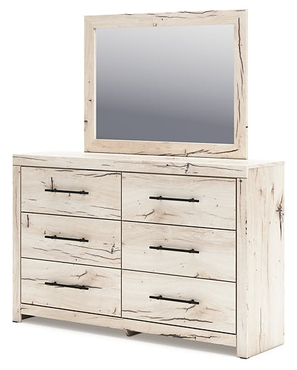 Lawroy King Panel Bed with Storage and a Mirrored Dresser