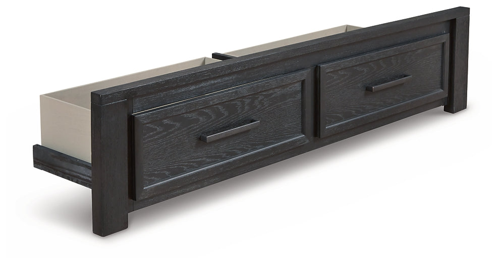 Foyland King Panel Bed with Storage, Accompanied by a Mirrored Dresser and Chest