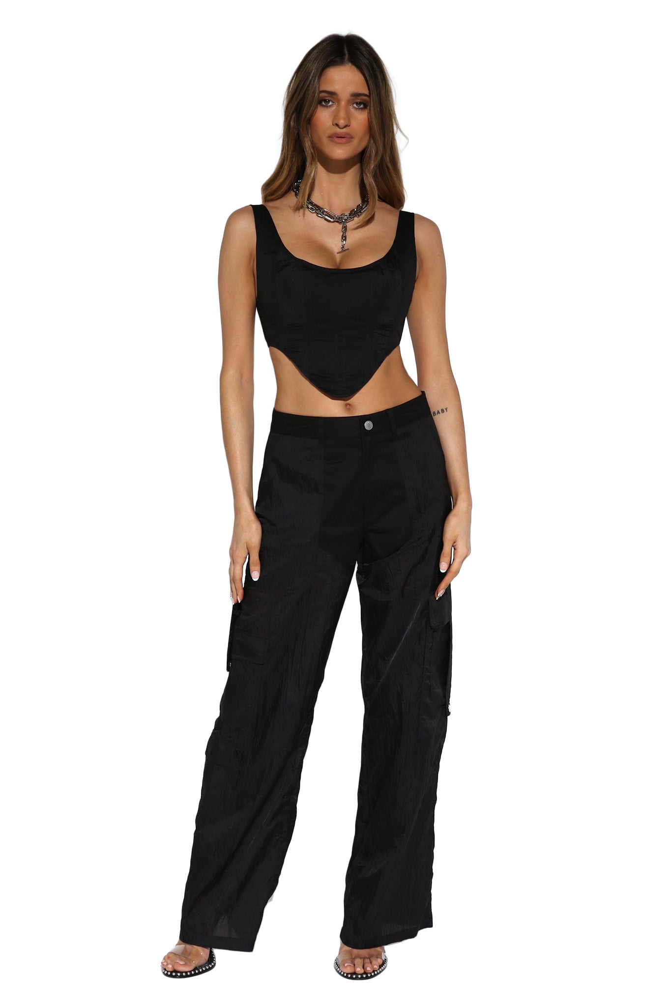 BY.DYLN Jodie Corset Top in Black ($69) and BY.DYLN Ella Pants