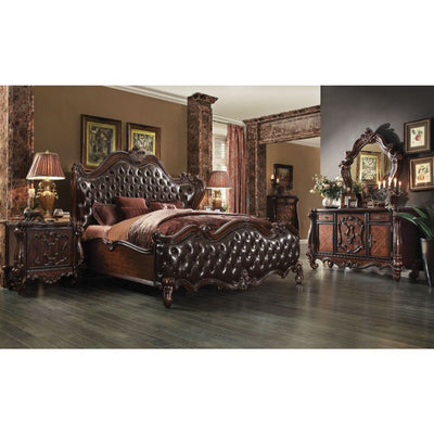 ACME Versailles Eastern King Bed #color_ 2-Tone Dark Brown PU & Cherry Oak