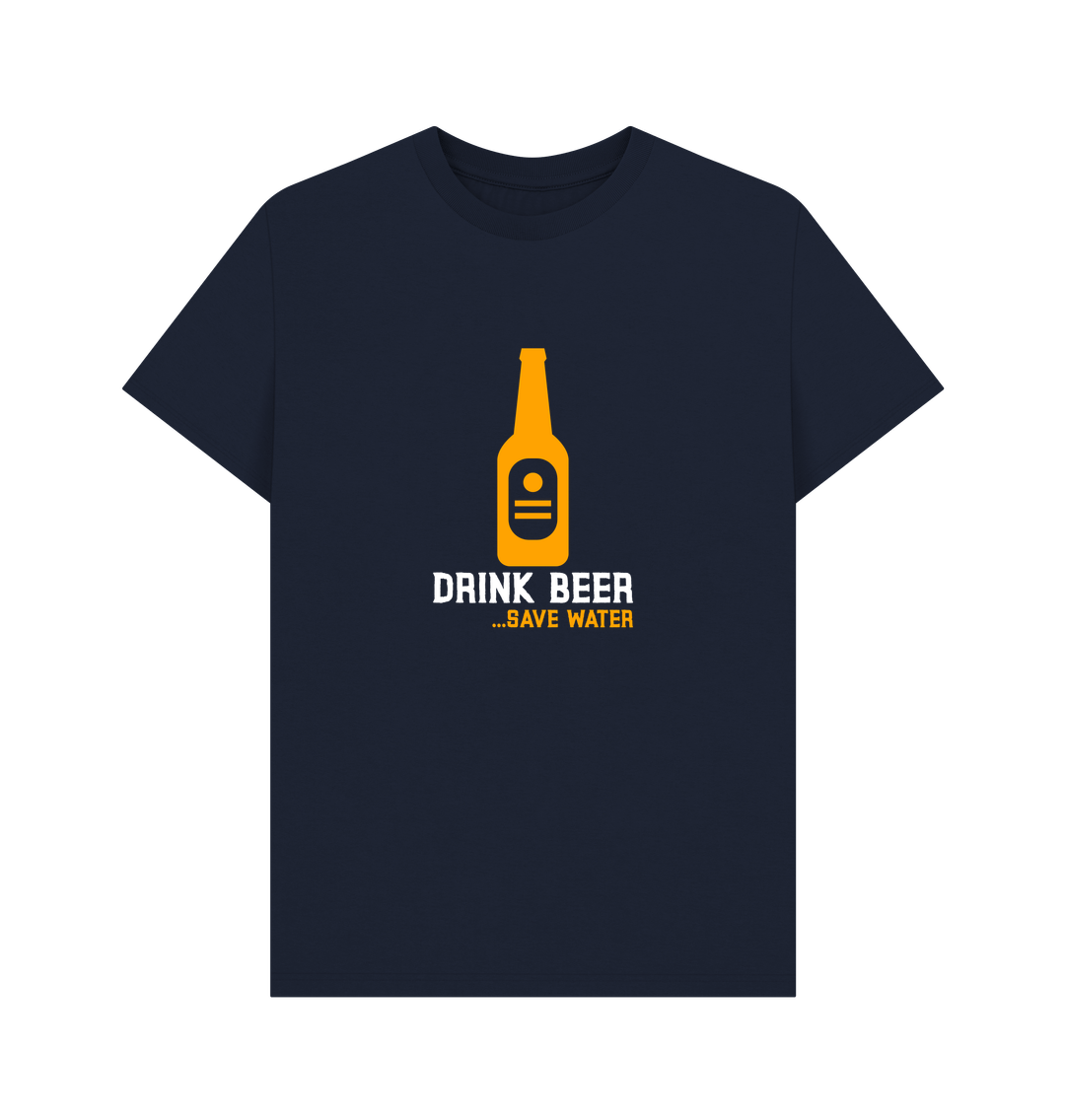 Navy blue T-shirt with a yellow beer bottle graphic and the text "Drink Beer... Save Water" in bold white and yellow lettering, adding a humorous tone.
