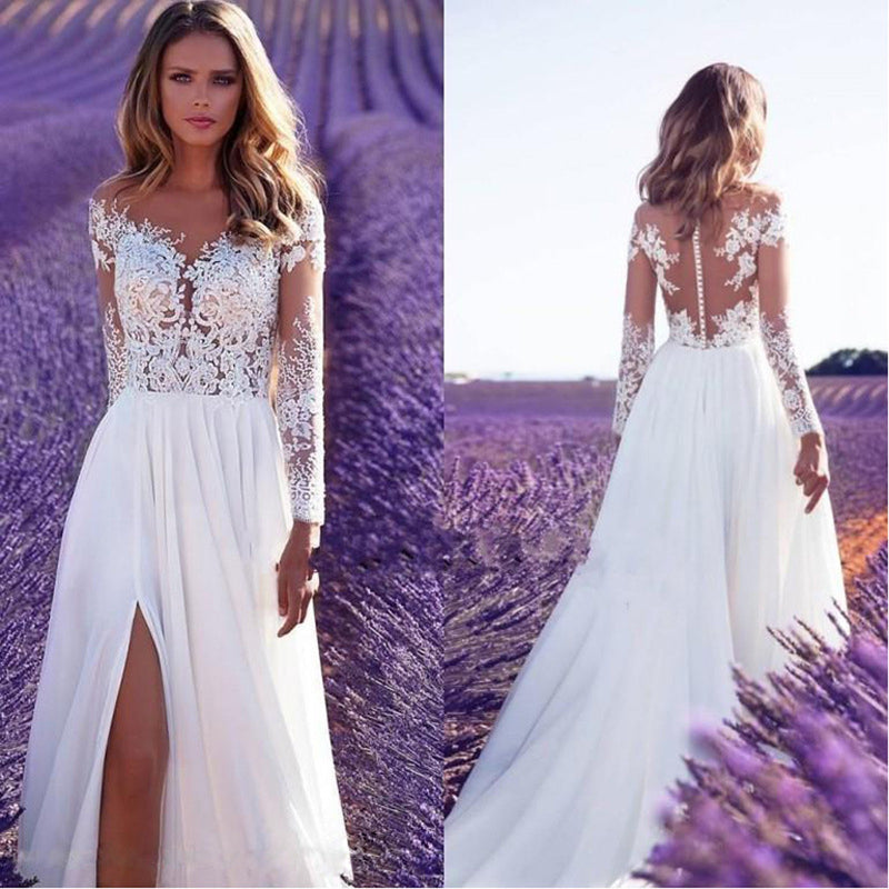 Women Prom Evening Dress Lace White Wedding Gown Bridesmaid Dressed V-Neck Spaghetti Straps  Temperament Split Long vestido #40