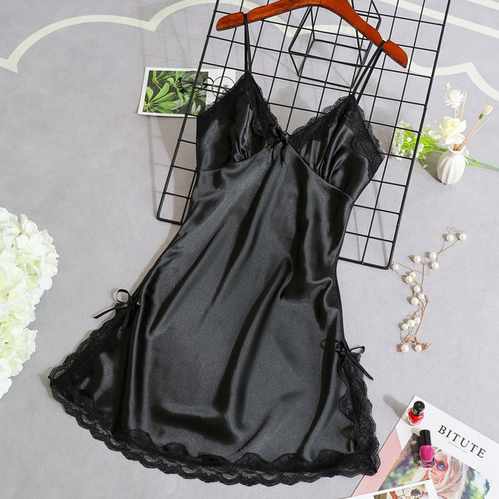 Women Sexy Lingerie Satin Long Night Dress Silk Nightgowns Lace