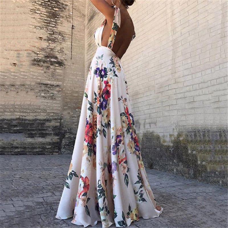 Floral Print Dresses Women Summer Sleeveless V-Neck Backless Vintage L – for less