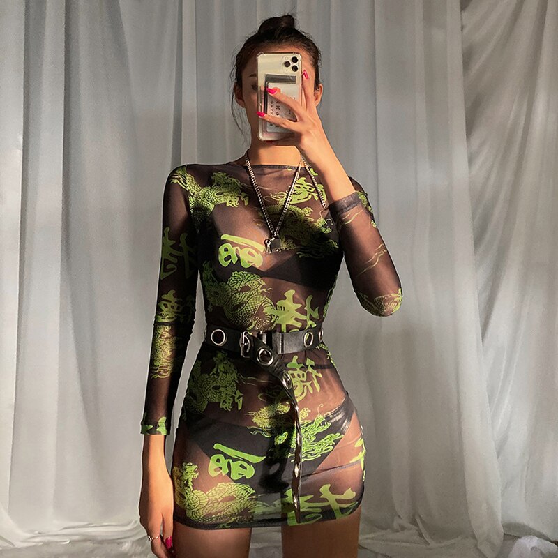 Woman Sexy See-through Mesh Fabric Streetwear Fashion Character Print –  Fashiondresses for less