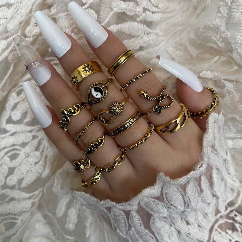 Bohemian Gold Chain Rings Set For Women Fashion Boho Coin Moon Heart Butterfly Rings Party 2022 Trend Jewelry Gift
