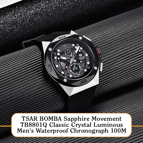 TSAR BOMBA Luxury Fashion Sapphire Movement TB8801Q Classic Crystal Luminous Men's Waterproof Chronograph 100M