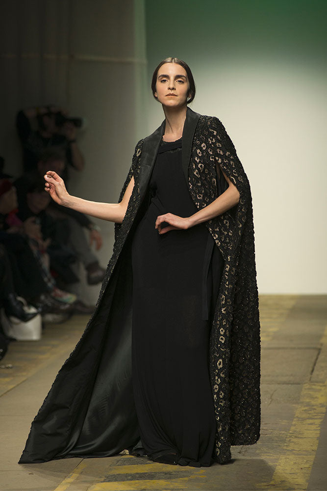 AltaRoma creates <R3>CIRCLE: look by Italo Marseglia, long black dress and printed coat