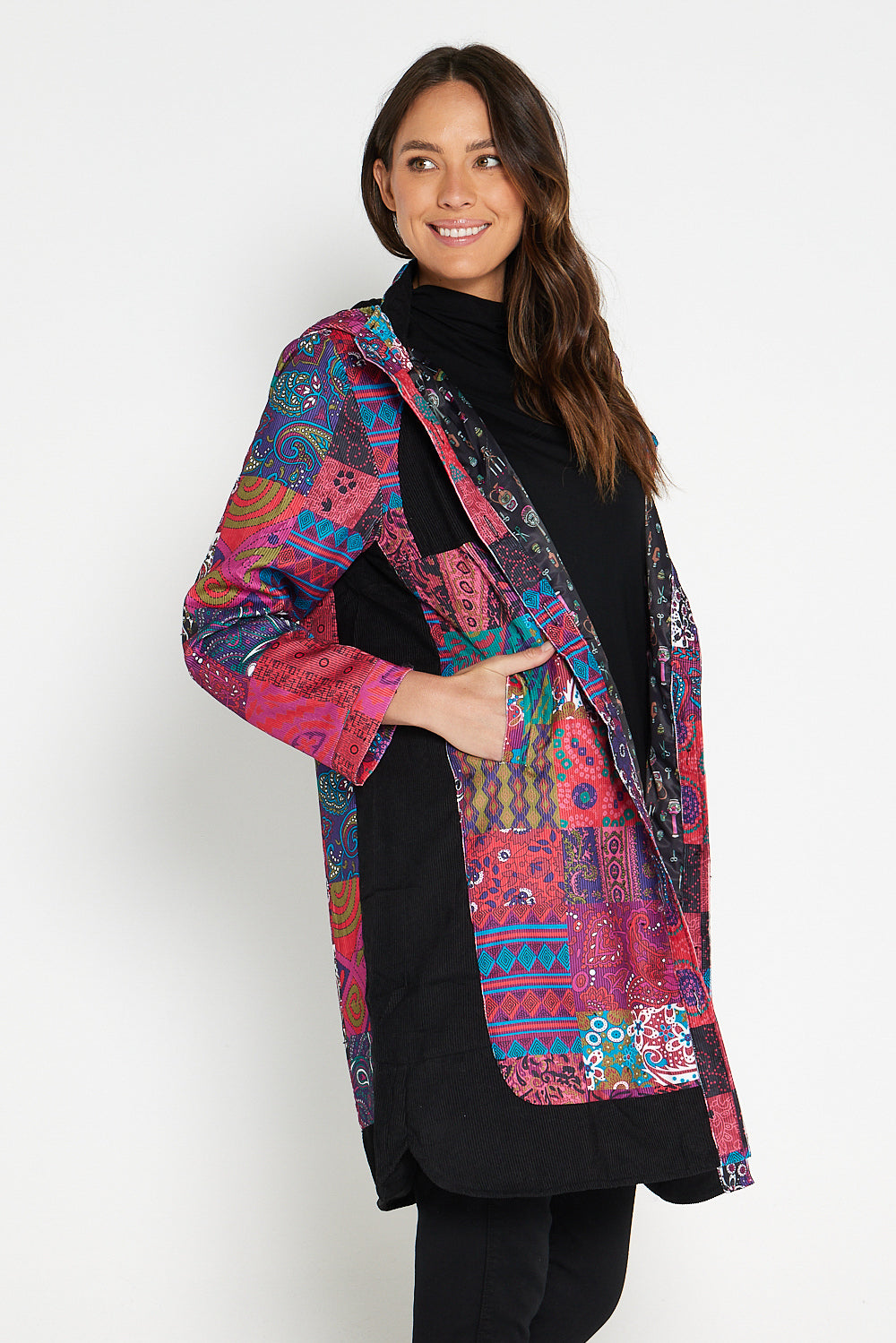 Bicheno Corduroy Coat - Magenta Patchwork