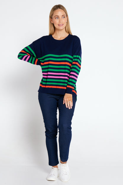 Ariana Knit Top - Navy/Green Stripe