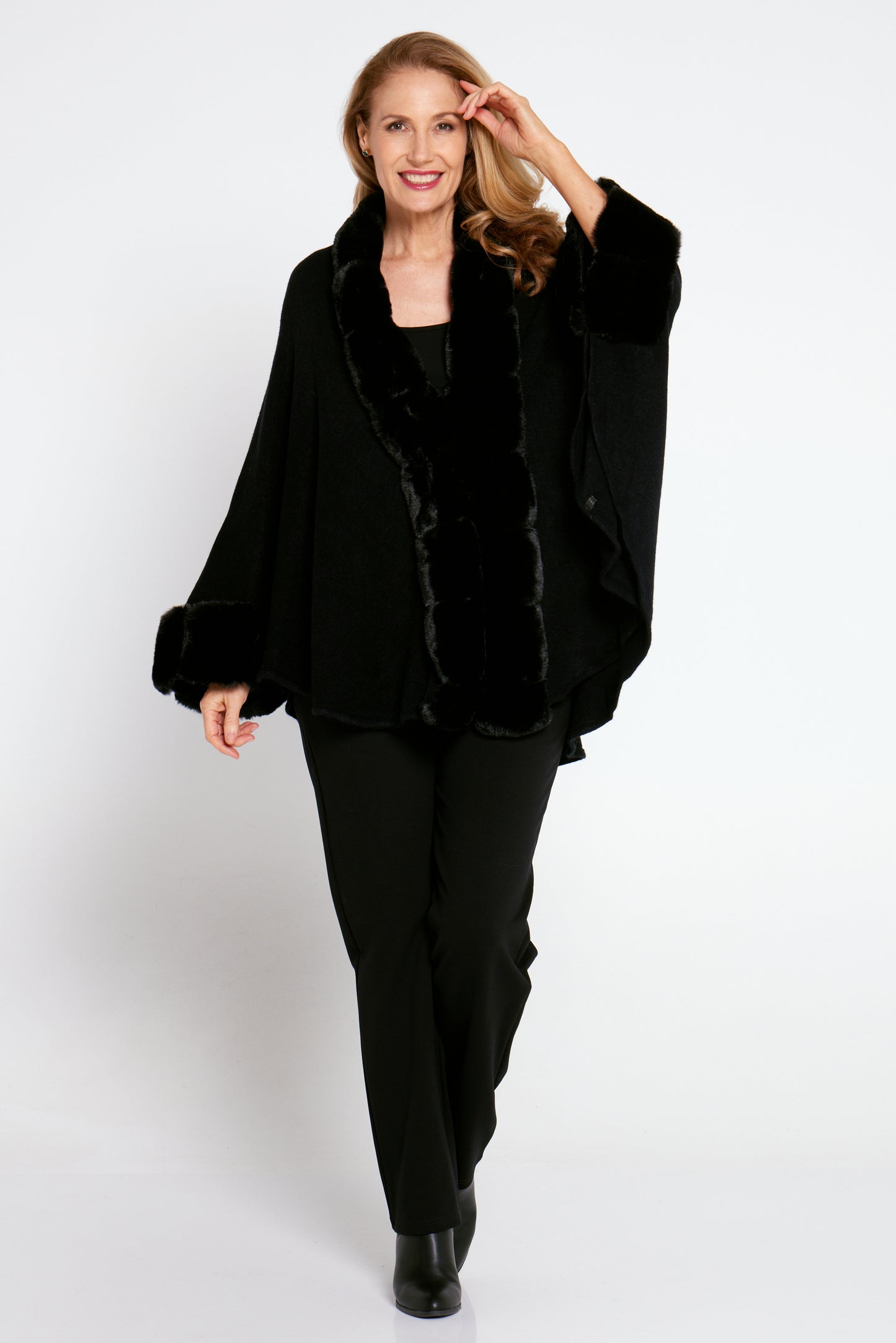 Bacall Faux Fur Knit Cape - Black