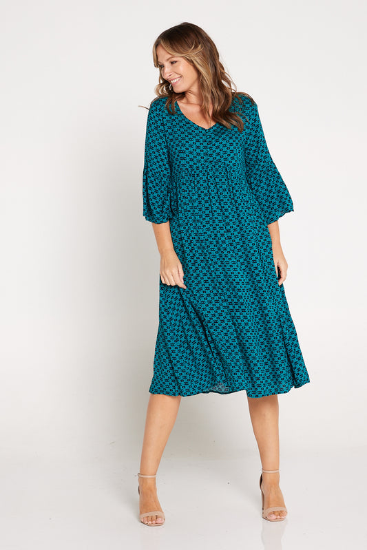 Brighton Sleeved Dress - Teal Print