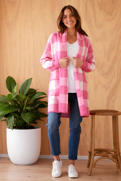 Lara Wool Cardigan - Pink Check