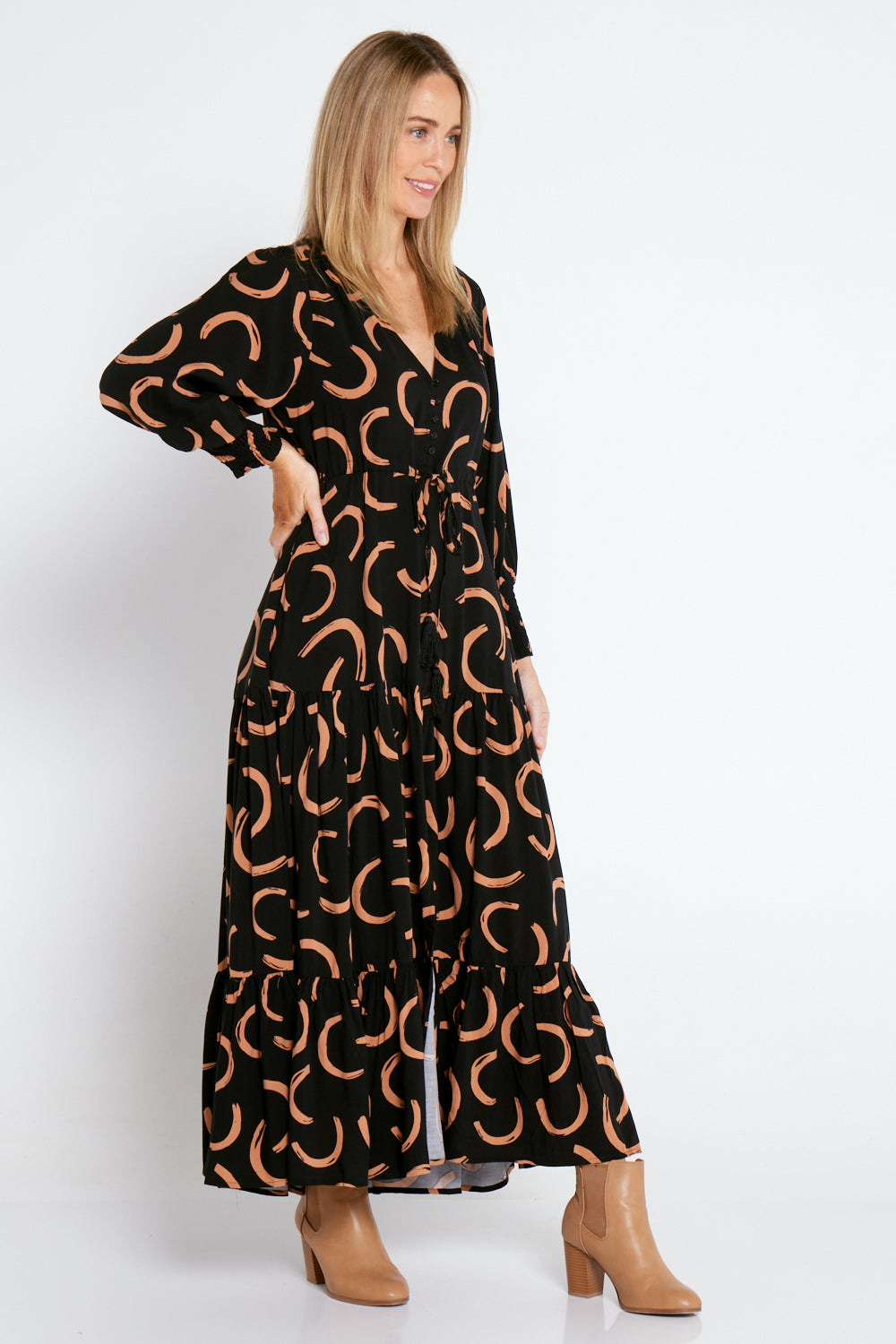 Makena Long Sleeve Maxi Dress - Black/Brown